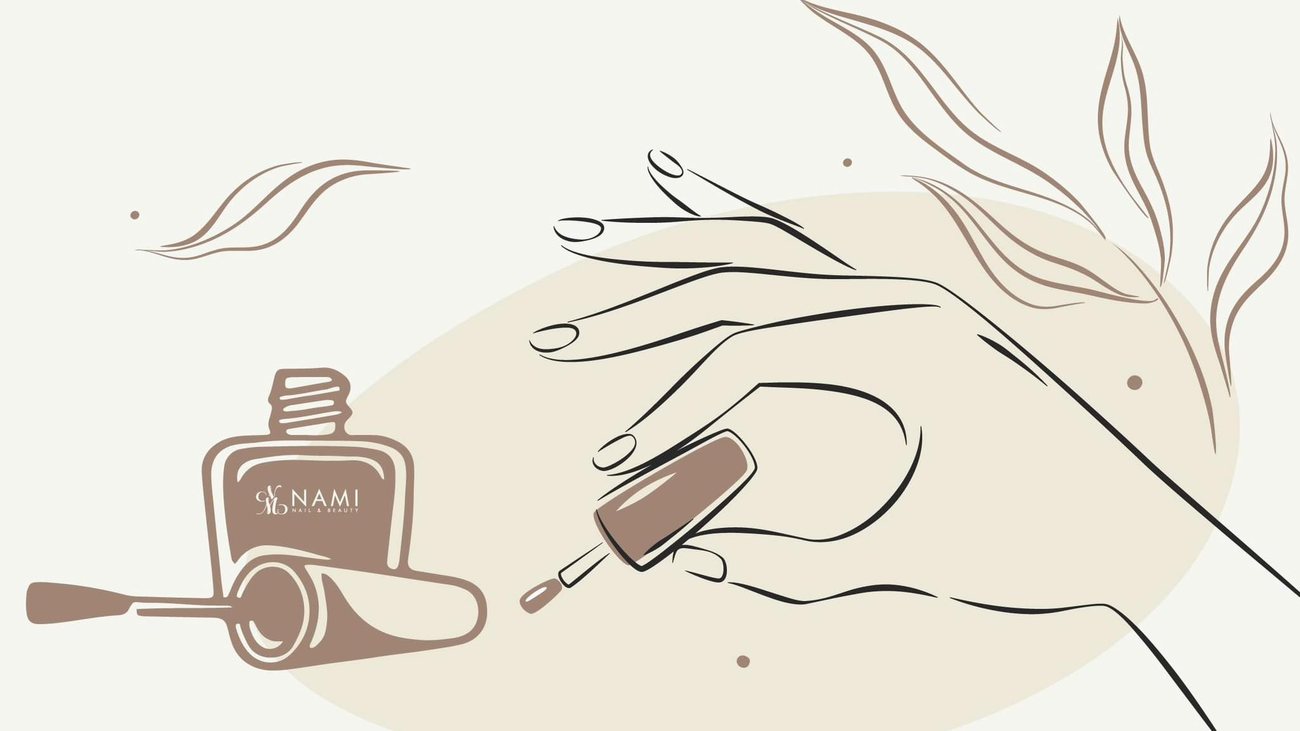 Tekening van een hand die nagels lakt, met een flesje NAMI-lak en blaadjes